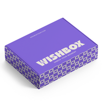 Load image into Gallery viewer, A purple rectangular Wishbox shipping box with white geometric patterned sides and large white 'WISHBOX' branding on the top lid, shown on a clean white background.