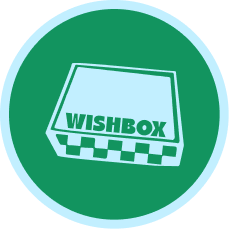 A circular green logo featuring a stylized light blue box with the word 'WISHBOX' in green and a small checkered pattern at the base, centered on a white background.