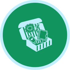 A circular green icon with a white outline of an open gift box containing assorted items, centered on a white background.