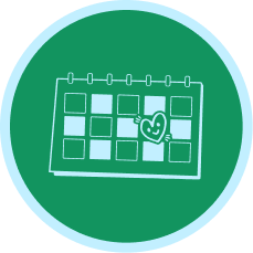 A green circular icon with a white calendar grid and a small heart detail, shown on a white background.